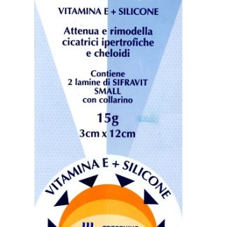PLACCA IN SILICONE E VITAMINA E SIFRAVIT DIMENSIONI 3X12CM. INDICATA NEL TRATTAMENTO DI CHELOIDI E CICATRICI IPERTROFICHE CONSEGUENTI AD INTERVENTI CHIRURGICI USTIONI E FERITE