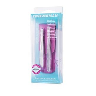 TWEEZERMAN 5D5CDBE3A0A6D5GS TWEEZERMAN - Petite Tweeze Set: Slant Tweezer + Point Tweezer - (With Pink Case) 2pcs
