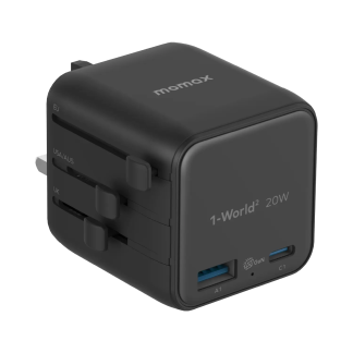 1-World² 2-Port USB-A and USB-C GaN Travel Charger 20W