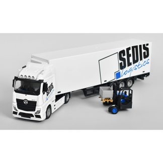 Mercedes-Benz Actros 2 Gigaspace 2016 + Vysokozdvižný vozík 1:43 - Bburago Mercedes Actros 2 Gigaspace Sedis - kovový model auta