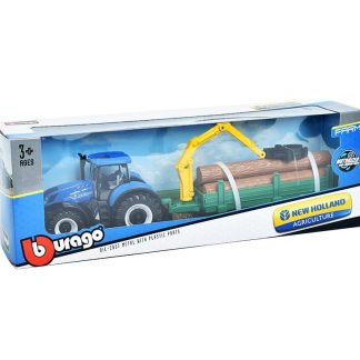 New Holland T7.315 HD Traktor s přívěsem na přepravu dřeva 1:50 - Bburago New Holland T7.315HD Traktor s přívěsem na přepravu dřeva - kovový model auta