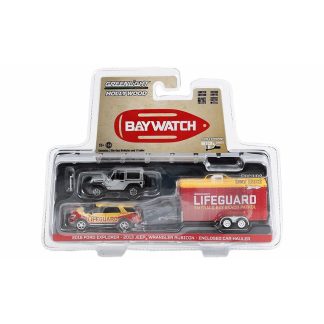 Ford Explorer + Jeep Wrangler Rubicon + přívěs Baywatch 1:64 - GreenLight Ford Explorer 2016 + Jeep Wrangler Rubicon 2013 + přívěs Bay Watch Lifeguard - model auta