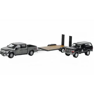 Ford F-150 Pick-up + Ford Bronco + přívěs - Yellowstone 1:64 - GreenLight Ford F150 PickUp 2018 + Ford Bronco 1992 + přívěs - Yellowstone - kovový model auta