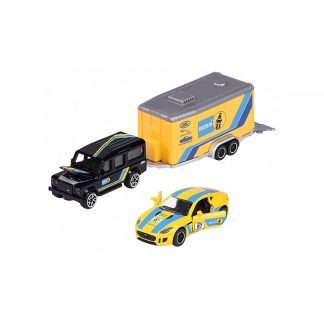 Land Rover Defender 110 + přivěs + Jaguar F-Type #97 - Sada 1:64 - Majorette Sada : Land Rover Defender 110 + Jaguar F Type + přivěs Bilstein - sada autiček