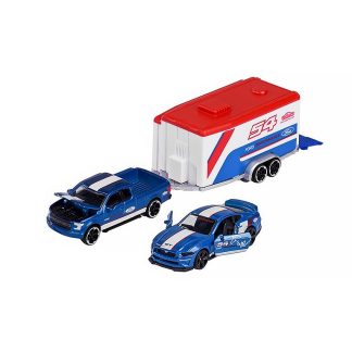 Ford F-150 Raptor + přivěs + Ford Mustang GT #54 - Sada 1:64 - Majorette Sada Ford F150 Raptor + Mustang GT + přivěs autotransportér - sada autiček 1/64