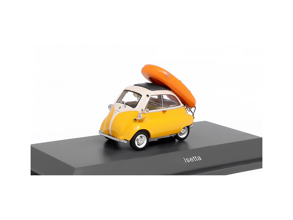 BMW Isetta 1955 s nafukovacím člunem 1:43 - Schuco BMW Isetta 1955 s nafukovacím člunem - kovový model auta