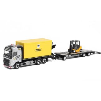 Volvo FH GL Tahač s jeřábem + přívěs TU3 + vysokozdvižný vozík 1:87 - Herpa Volvo FH Globetrotter tahač Wallek & Geser s jeřábem a přívěsem + vysokozdvižný vozík - kovový model auta