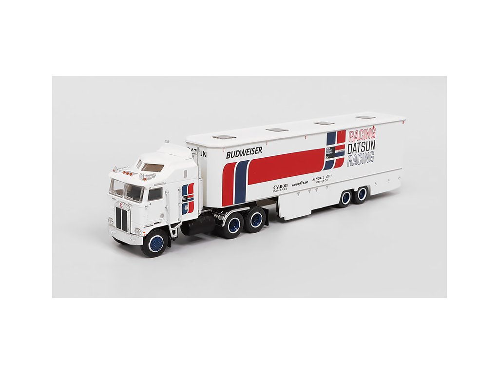 Kenworth K 100 Aerodyne Datsun Racing 1:87 - Brekina Tahač Kenworth K-100 Aerodyne s přívěsem pro závodní auta Datsun Racing 1:87 - sběratelský model