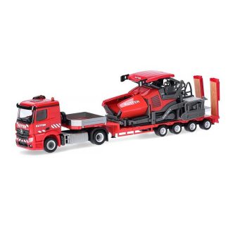 Mercedes-Benz Actros s návěsem + finišer Kutter 1:87 - Herpa MB Actros CS s podvalníkovým návěsem a finišerem Kutter - sběratelský model 1/87