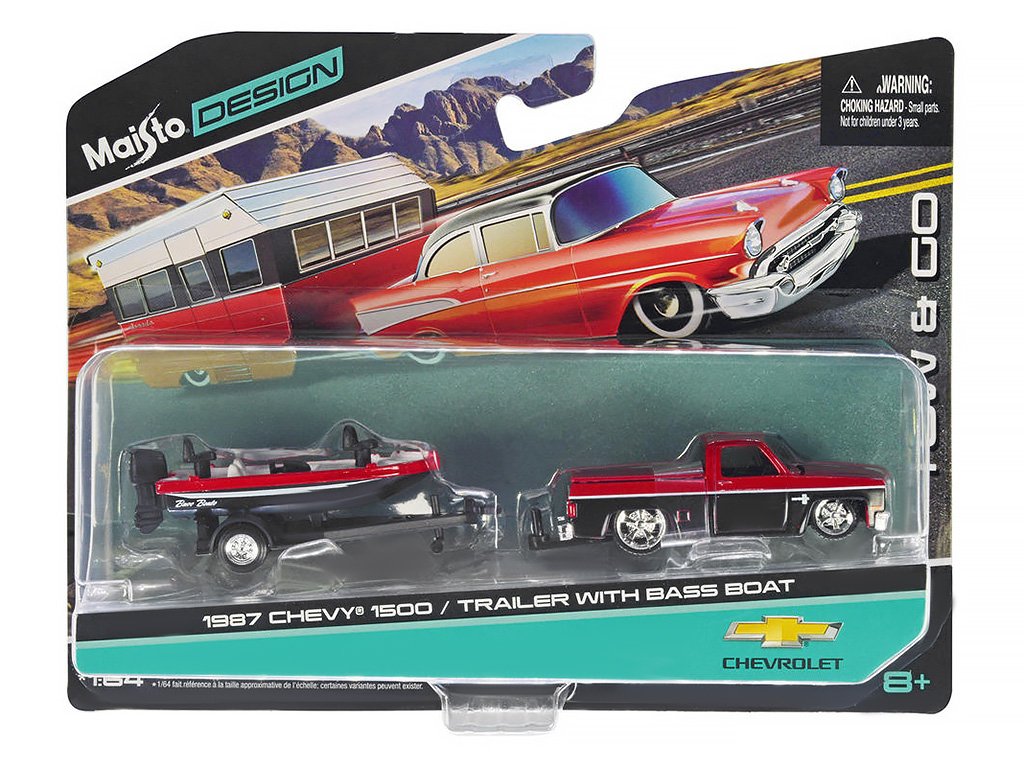 Chevrolet 1500 1987 + přívěs a člun 1:64 - Maisto Chevy 1500 1987 + Bass Boat - kovový model 1/64