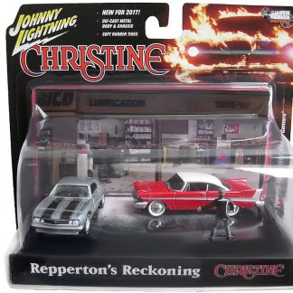 Plymouth Fury 1958 + Chevrolet Camaro 1967 + figurka Repperton's Reckoning Christine 1:64 - Johnny Lightning Plymouth Fury & Chevy Camaro Christine 1/64 - kovový model