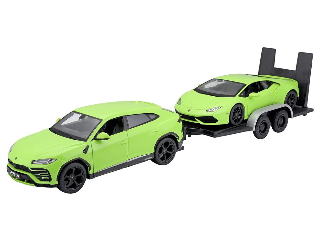 Lamborghini Urus s přívěsem a Lamborghini Huracan Coupe 1:24 - Maisto Lamborghini Urus + přívěs + Lamborghini Huracan Coupe - kovový model auta