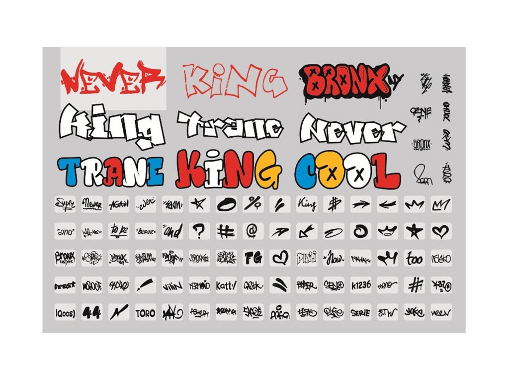 Obtisky na modely 1/43 - Graffiti modrá / červená / žlutá Dekály - obtisky na modely 1:43 - Graffiti