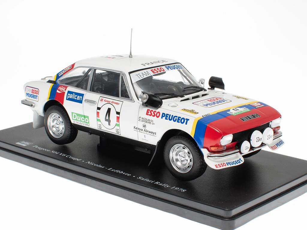 Peugeot 504 V6 Coupe #4 Safari Rally 1978 Nicolas / Lefebvre 1:24 - Hachette časopis s modelem Peugeot 504 V6 Coupe No.4 Safari Rally 1978 Nicolas/Lefebvre - kovový model auta