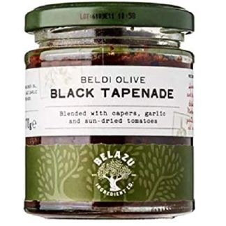 Belazu Black Olive Tapenada 170g - Rich Black Naturally Matured Beldi Olives Blended with Capers, Garlic and Dried Tomatoes to make an umami rich paste.