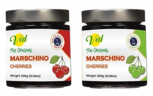 Ved Gourmet Original Red & Green Maraschino Cherries - Italian Cherry for Old Fashioned Cocktails - Vegan Cocktail, Bourbon Cherries in Natural Syrup for Cocktail Topping