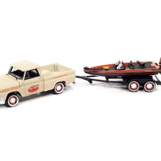 Chevy Stepside Pick-up 1965 w/Bass Boat a Trailer 1:64 - Johnny Lightning Chevrolet with Bass Boat - sběratelský model autá 1/64