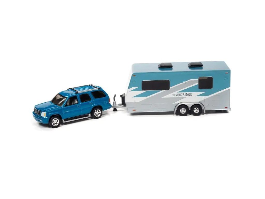 Cadillac Escalade 2005 w/Camper Trailer 1:64 - Johnny Lightning Cadillac Escalade with Camper Trailer - sběratelský model autá 1/64