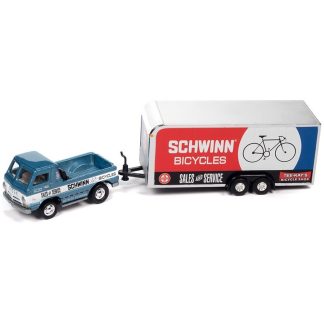 Dodge A-100 Pick-up s uzavřeným přívěsem modrá 1:64 - Johnny Lightning Dodge A100 Pick-up with enclosed trailer - sběratelský model auta 1/64