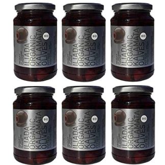 6 glasses organic Kalamata from Greece without core, each 370 g (180 g drained weight) black olives Iliada organic olives set of 6 + 10 ml olive oil for test