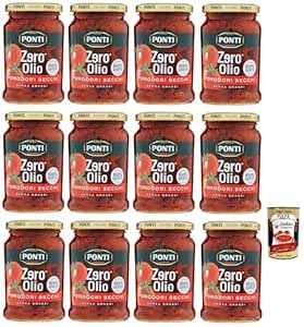 12 x Ponti Pomodori Secchi Zero Olio, Oil Free, Dried Tomatoes, Grease-Free, Glass 300 g + Italian Gourmet Polpa di Pomodoro 400 g Tin