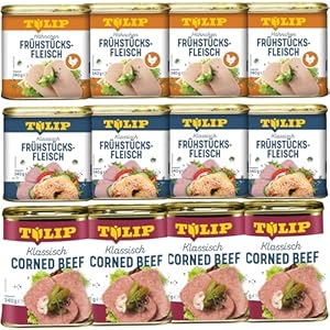 TULIP 4 x Classic Corned Beef 340 g + 4 x Chicken Breakfast Meat 340 g + 4 x Pork Breakfast Meat 340 g | 98% Beef 86% Pork 80% Chicken | Canned Meat