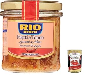6 x Rio Mare Filettini di Tonno all'Olio di Oliva con Peperoncino Tuna Fillets in Olive Oil with Chili, Handmade 130 g + Italian Gourmet Polpa 400 g