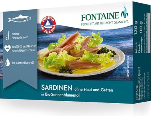Fontaine Skin and Bone Free Sardines in Organic Sunflower Oil - 120g - Pack of 5 - Premium Sardine Fillets from 100% Certified Sustainable Fishing and Controlled Cultivation