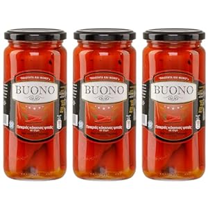 Red Fried Peppers Florinis 3 x 350 g Glass | Speciality from Greece | Buono | + 20 ml Jassas Olive Oil