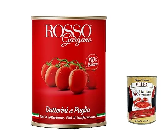 24 x Rosso Gargano pomodori Datterino di Puglia, cherry tomatoes of Apulia, date tomatoes tins 400 g + Italian gourmet polpa 400 g