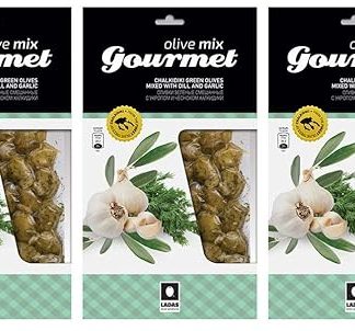 3x 250g (750g) Gourmet Olives Green Halkidiki Olives Marinated with Dill and Garlic Set of 3 Pickled Marinated Anit Pasti + 10 ml Olive Oil Cold Pressed for Testing