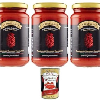 3 x La Russolillo Cherry Tomato Piennolo del Vesuvio DOP in 360 g Glass + Italian Gourmet Polpa 400 g