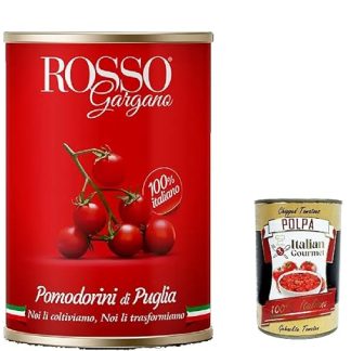 48 x Rosso Gargano Pomodorini di Puglia, Cherry Tomato Tomato Sauce, 100% Italian, 400 g in Tin + Italian Gourmet Polpa 400 g
