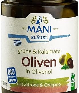 Mani Green & Kalamata Olives in Olive Oil, Organic, NL 6 x 280 g