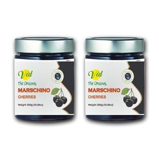 Ved Gourmet Original Maraschino Black Cherries - Italian Cherry for Old Fashioned Cocktails - Vegan Cocktail, Bourbon Cherries in Natural Syrup for Cocktail Garnishing - 300g Jar (Pack of 2)