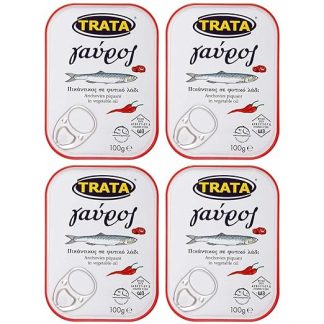 Anchovies (Anchovies) Spicy in Oil 4 x 100 g Tin | Trata | Gavros Popular Greek Fish Specialty | +20 ml Jassas Olive Oil