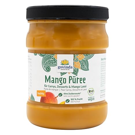 Govinda Alphonso Mango Puree (975 ml) - 100% Fruit, No Added Sugar, For Smoothies, Desserts, Sauces & Cocktails - India Origin, Bottled in Germany