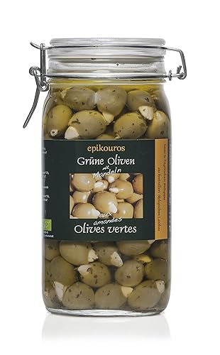 EPIKOUROS Green Olives Filled with Almonds, in Herbal Oil, Cold Processed 1.5 kg