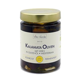 Vita Verde Organic Kalamata Olives with Core in Olive Oil, Mediterranean 330 g