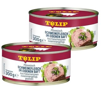 TULIP 2 x 300 g pork in its own juice, meat pork 94%, breakfast meat in canned food, ideal as topping or for searing canned meat