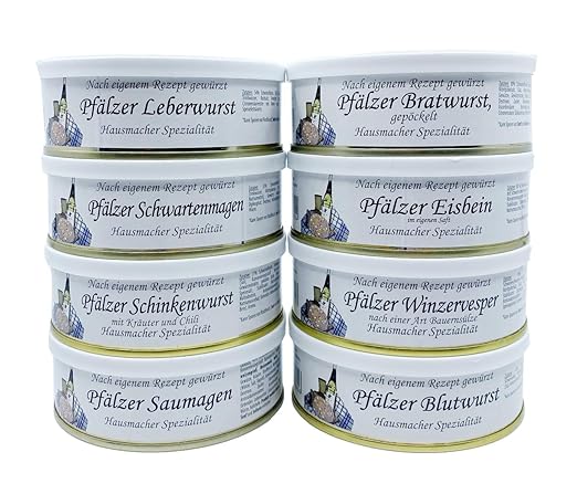 Pfälzer Sausage Box Sausage Package Gift Set in Net - 8 Different Tins e.g. Liver Sausage, Bratwurst, Eisbein, Saumagen, Blutwurst, Winezervesper, Schwartenstomen, Ham Sausage (8 x 200 g)