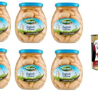 6 x Valfrutta Fagioli Corona, Italian Corona Beans, Legumes Vegetables Boiled Beans, Glass 360 g + Italian Gourmet Polpa di Pomodoro 400 g Tin