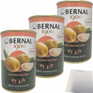 usy Bundle for Bernal Aceitunas rellenas de Ajo Olives Filled with Garlic Paste Pack of 3 (3 x 292 g Tin) + usy Block