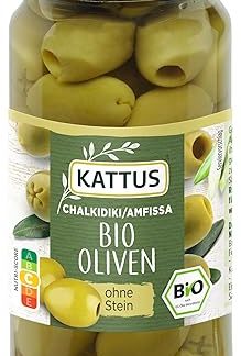 Kattus - Organic Green Olives without Stone | Greek Olives for Refining Salads or Sauces | Organic Cultivation | 125 g in Glass