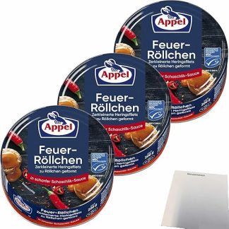 Appel Fire Rolls Crushed Herring Fillets Shaped into Rolls in Sharp Shashlik Sauce Pack of 3 (3 x 200 g Tub) + usy Block