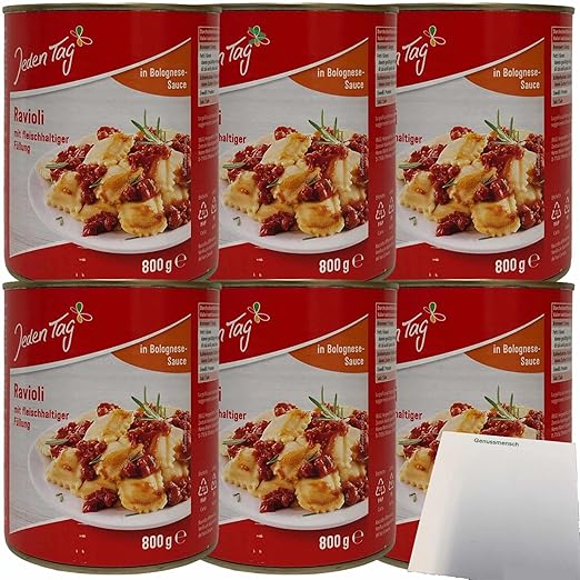 Jeden Tag Ravioli with Meaty Filling in Bolognese Sauce Pack of 6 (6 x 800 g Tub) + usy Block