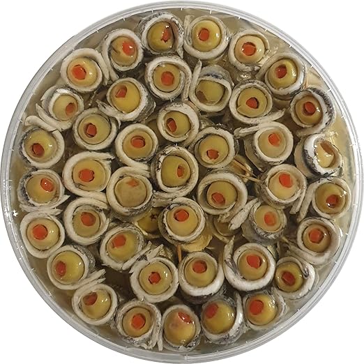 Food-United Anchovies Skewer Fillets Wrapped Rolled with Olive Bites, 2 Rolls per Skewer, 600 g, Hand-Wrapped, Premium Quality, Olives Filled with Pepper Fish