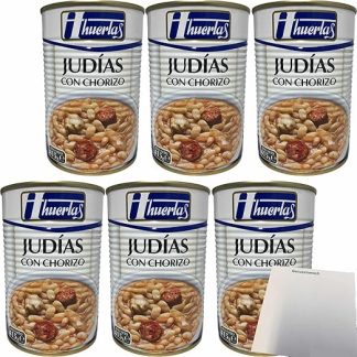 huertas Judias Con Chorizo (Beans with Paprika Sausage), Pack of 6 (6 x 415 g Preserve) + usy Block