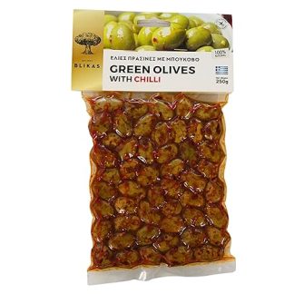 Blikas Greek Green Olives Marinated with Chili - Pack of 2 x 250g (Total 500g)
