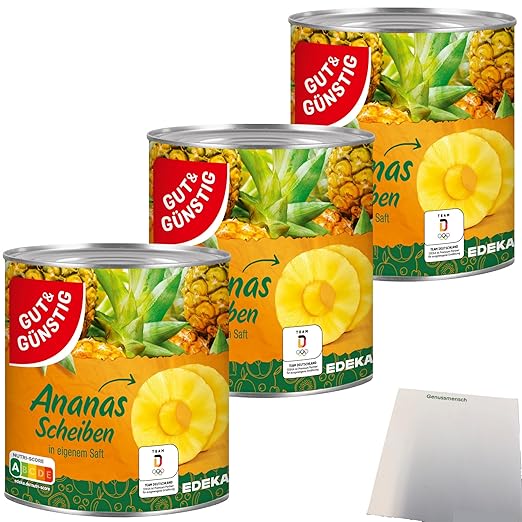 Gut&Günstig Pineapple Slices in Own Juice, Pack of 3 (3 x 565 g Tin) + usy Block